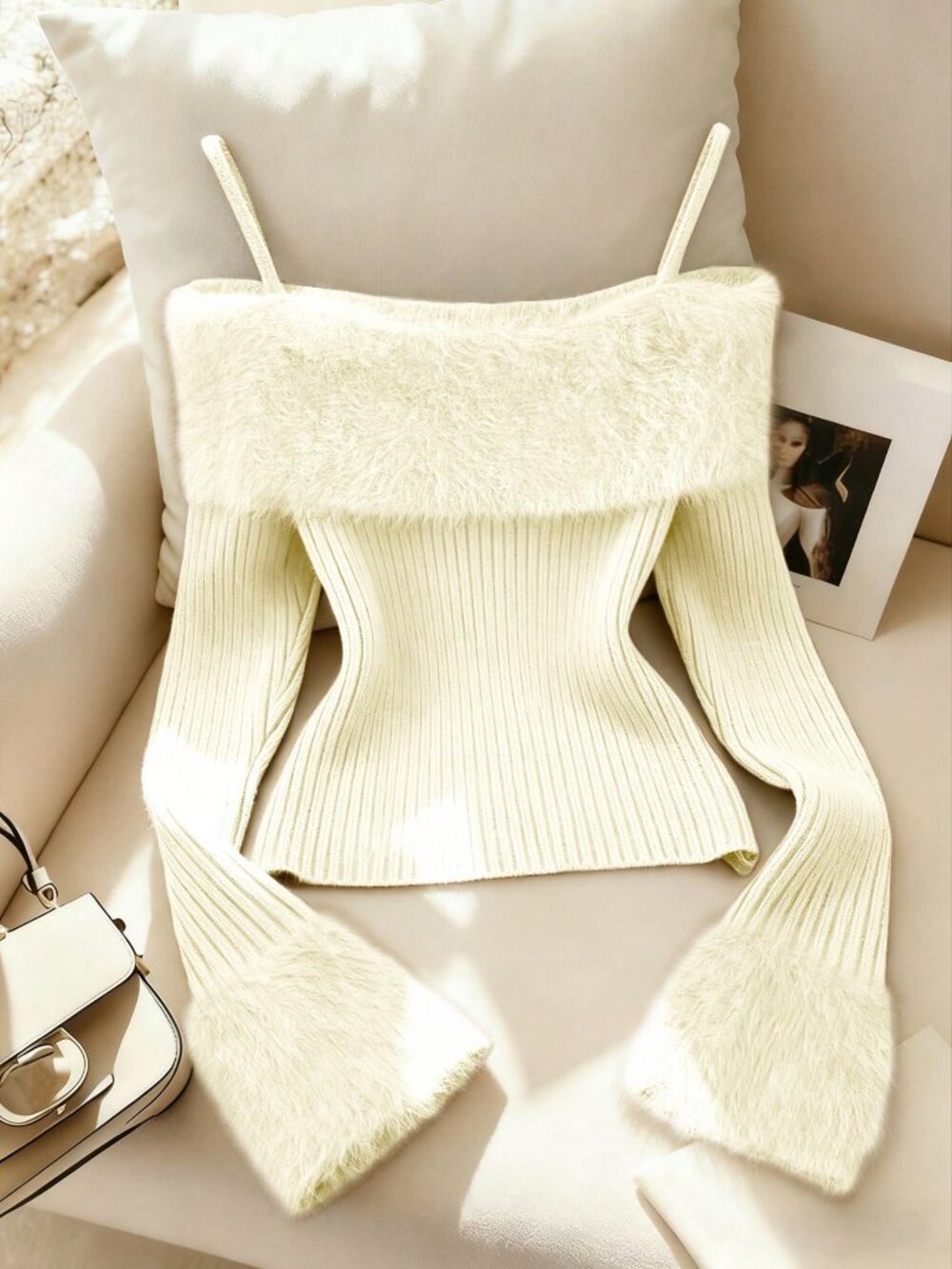 White Casual Women's Sexy Chic High-End Furry Collar Off-Shoulder Sweater